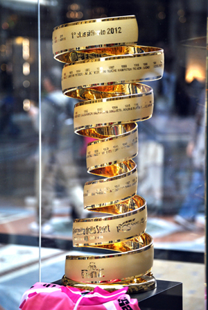 The trophy cup of the international cycling event Giro d'Italia exposed at Milan, Italy, 23 May 2012. 