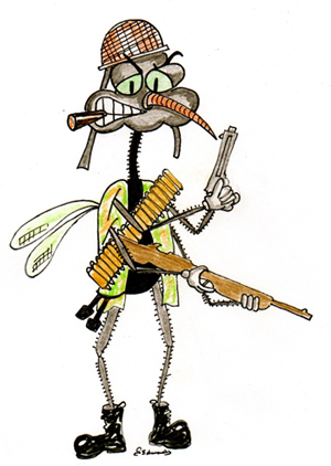 Militant mosquito armed with a machine gun and smoking a cigar
