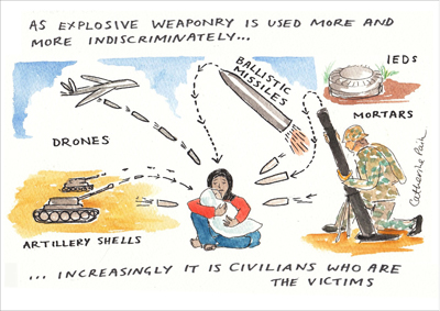 An illustration of a civilian woman and her baby surrounded by drones, artillery shells, ballistic missiles, IEDs and mortars. The illustration is labelled: As explosive weaponry is used more and more indiscriminately... increasingly it is civilians who are the victims.