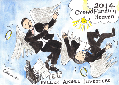 A cartoon depicting 'Crowdfunding heaven 2014' with fallen angel investors tumbling out of the sky.