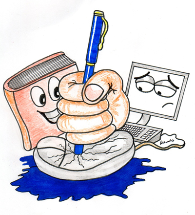 Cartoon of a hand holding a pen crushing a computer mouse while the computer looks sad and a smiling book looks on