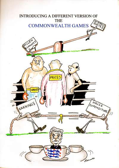 Illustrations of different sporting events highlighting a struggle between Wages and Prices, Earnings and Expenditure, the Fallen Economy and Interest Rates. The cartoon is titled Introducing a different version of the Commonwealth Games.