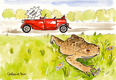 A frog scrambles up a grass verge as a car passes by.