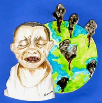 An illustration of a crying refugee portrait in front of a globe. 