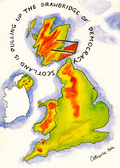 An illustration of the United Kingdom showing Scotland separated from England and connected only by a drawbridge. The caption reads: Scotland is pulling up the drawbridge of democracy.