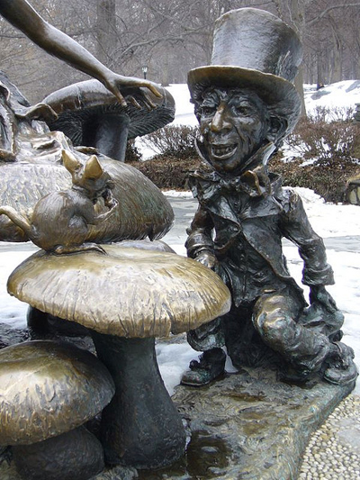 A close-up photograph of the Mad Hatter, part of the Alice in Wonderland sculpture in Central park NYC.