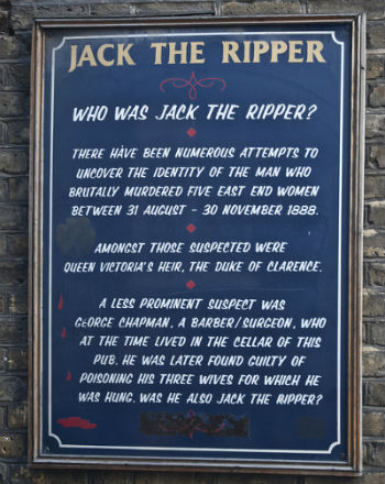 A plaque from the Jack the Ripper photography tour speculating that the Duke of Clarence may be the ripper. 