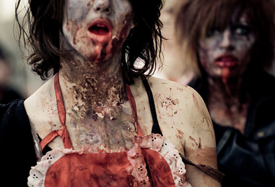 Two women dressed as zombies taking part in the Toronto Zombie Walk 2008.