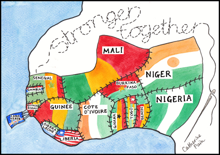 The countries of West Africa depicted as a quilt of flags sewn together with the words 'Stronger together'. 
