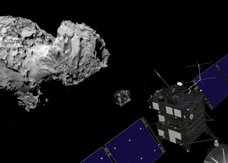 Artist’s impression of the Rosetta orbiter deploying the Philae lander to comet 67P/Churyumov–Gerasimenko.
The image is not to scale; the Rosetta spacecraft measures 32 m across including the solar arrays, while the comet nucleus is thought to be about 4 km wide.