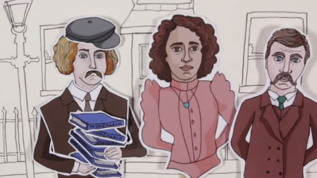 Cartoon of George Eliot with two readers