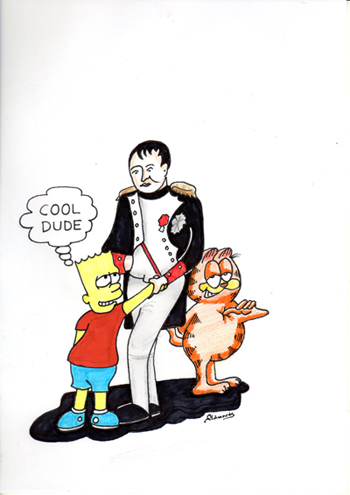 A cartoon of famous left-handed characters and figures including Napoleon, Bart Simpson and Garfield.