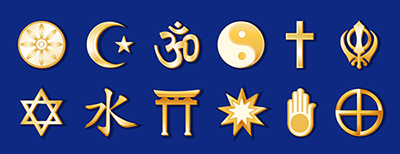 World Map surrounded with icons of 12 global religions in a royal blue and gold medallion: Judaism, Sikhism, Islam, Christianity, Hinduism, Taoism, Baha'i, Buddhism; Jainism; Shinto, Confucianism, and Native Spirituality.