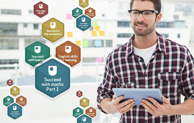 A man looks up from his tablet to see OpenLearn badges hovering in the air alongside him