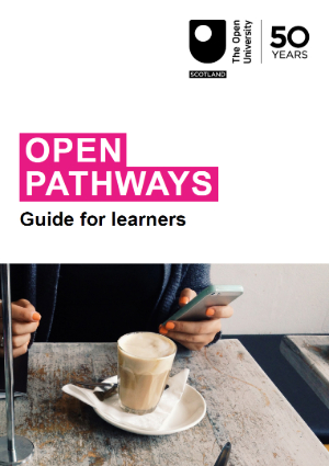 Image of Open Pathways guide showing someone on their phone drinking coffee in a café. 