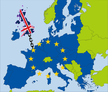 A caricature showing UK connected to EU by a chain that is breaking.
