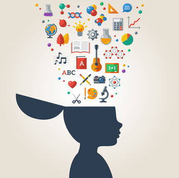 Silhouette with education icons and symbols in their head.