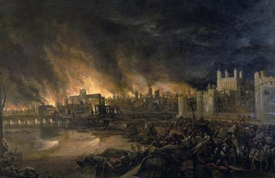 Great Fire of London painting depicting the fire as it would have appeared on the evening of Tuesday, 4 September 1666 from a boat in the vicinity of Tower Wharf. The Tower of London is on the right and London Bridge on the left, with St Paul's Cathedral in the distance, surrounded by the tallest flames.