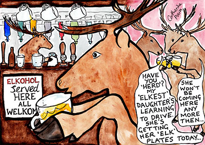 Illustration of deer in a bar with beer