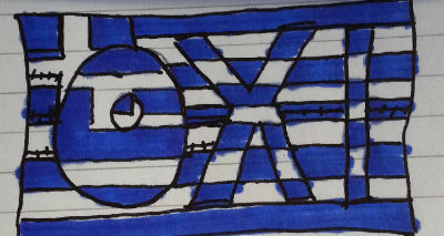A hand-drawn Greek flag with Oxi ("no") put into it