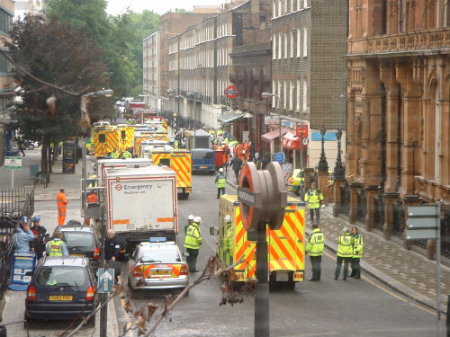 Emergency services outside Russell Square on 7/7/05