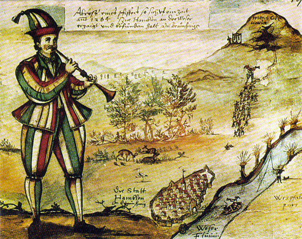 1592 painting of Pied Piper copied from the glass window of Marktkirche in Hameln
