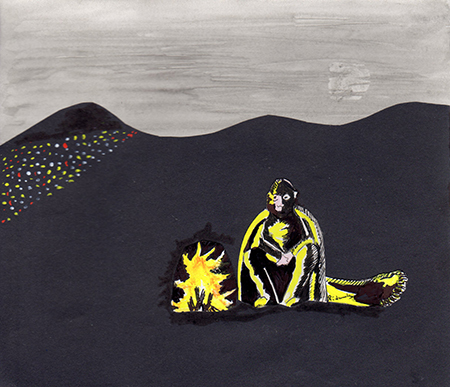 illustration of a fire with a homeless person sitting by it