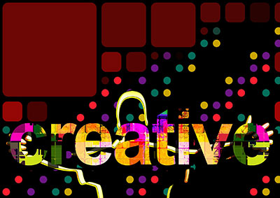 Colourful graphic that spells the word Creativity. The background is made up of different sized maroon squares along the top and a black background everywhere else. The word creativity is written in bright colours and a mixture of graphics.