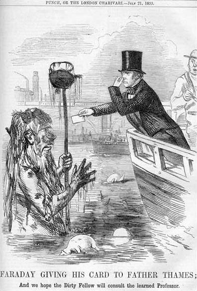 An 1855 Punch cartoon, in which Faraday hands a stinking Old Father Thames his card