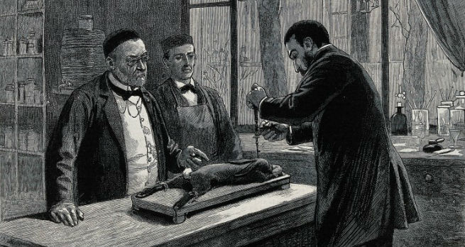 Louis Pasteur conducting an experiment while investigating rabies