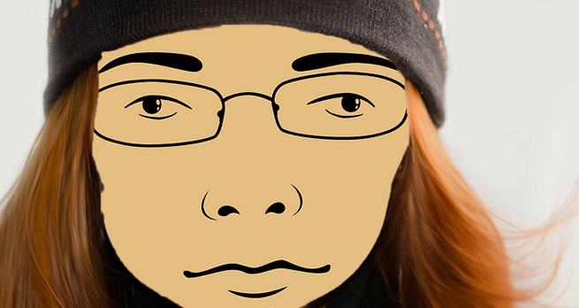 A face comprising a merger of a photo of a woman and a cartoon of a man