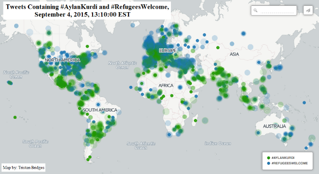 Map showing refugee welcome & Aylan Kurdi tweets