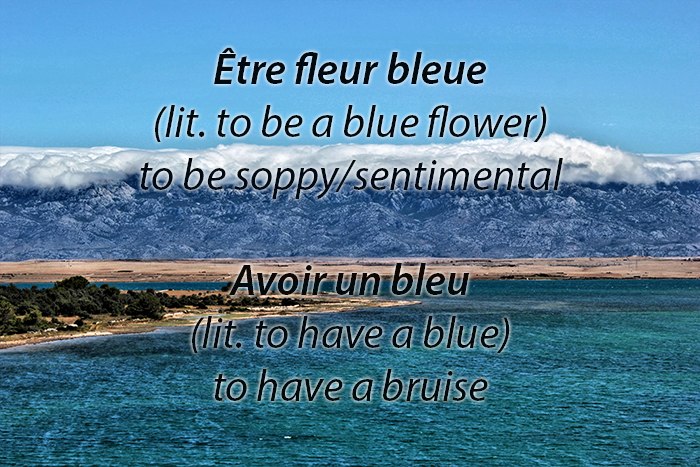 Image of the sea with French idioms concerning the colour blue written across the image
