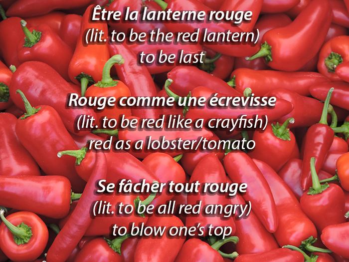 Image of red peppers with French idioms concerning the colour red written across the image