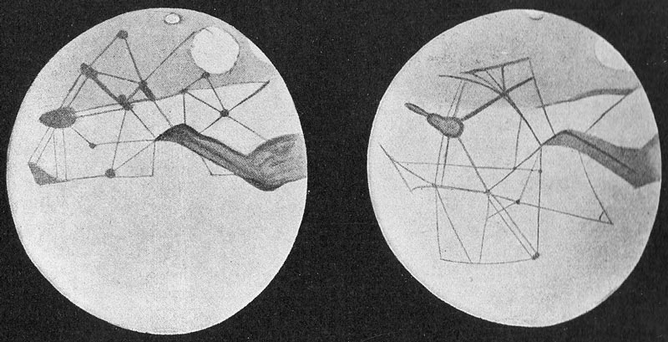 An image of "Martian Canals" depicted by Percival Lowell. There are two greyed out circles and patterns of lines making canal-like avenues on it.
