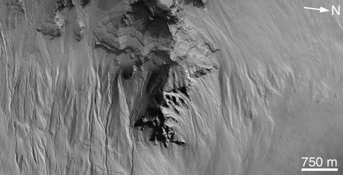 Gullies inside a crater in Noachis Terra, 47 degrees south