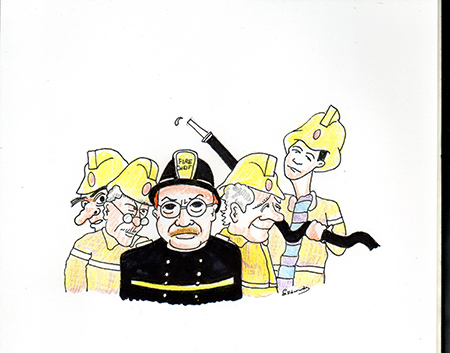 Illustration of Dads Army in fire fighter uniform