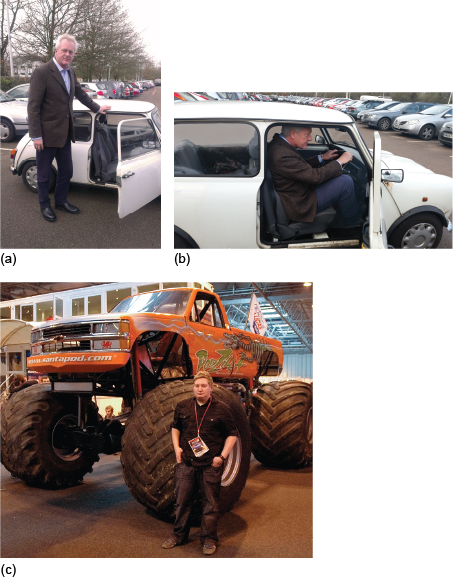 Two images of a tall man and a mini that is too small for him and an image of a large monster truck, too big for an average person. 