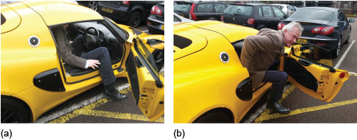 Two images of a tall man trying to squeeze into a small sports car doorway and seat well. 
