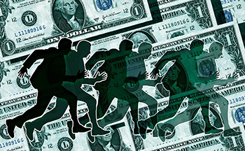 Businessmen running on money
