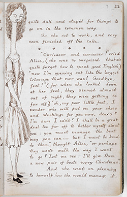Illustration of Alice growing taller by Lewis Carroll, from the original ‘Alice’s Adventures Under Ground’ manuscript,1862-64