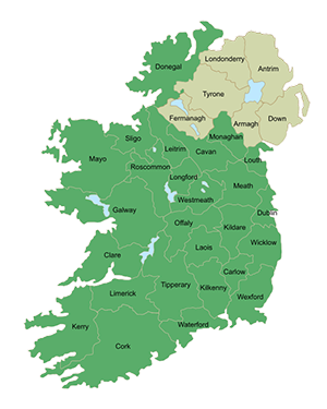 Map graphic of Ireland and Northern Ireland showing the county boundaries. The parts that are Ireland are dark green and the parts that are Northern Ireland are shown in light green. Lakes and water on the landscape is shown as icy blue.