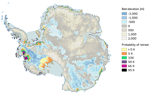 Predicted probability of Antarctic grounding line retreat by 2200 overlaid on bedrock topography map