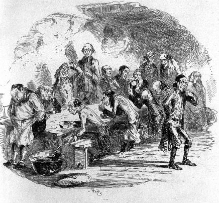 Caricature of poor people at a workhouse having dinner; by Phiz
