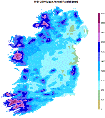1981-2010 Mean Annual Rainfall (mm) map of Ireland
