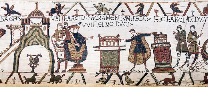 Bayeux Tapestry, Scene 23 -  Harold swearing oath on holy relics to William, Duke of Normandy.
