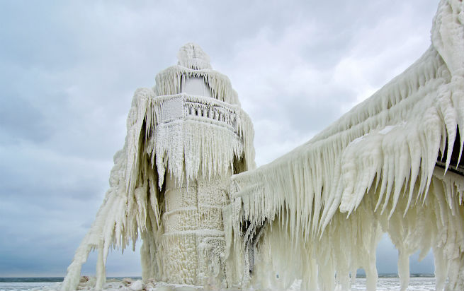 Frozen lighthouse in St. Joseph, Michigan