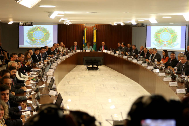 Local business leaders and Brazil's President Dilma discuss action to combat the virus zika at the Planalto Palace, Brasilia, Brazil 08/12/2015