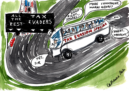 illustration showing rich tax evaders on a coach