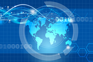 Concept image for global trade - map on blue background with linking lines. 